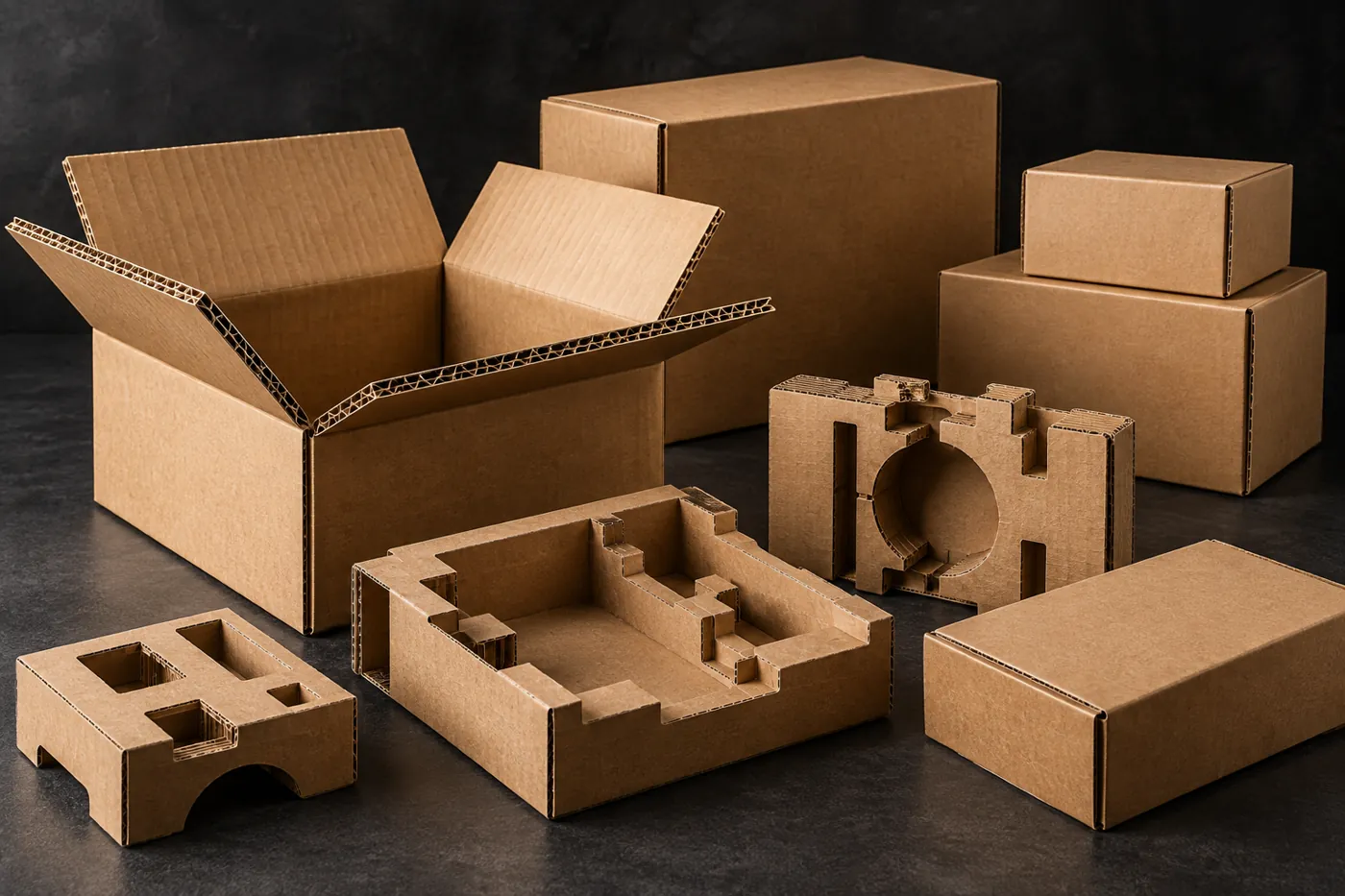 Emballages kraft et carton ondulé photographiés en studio